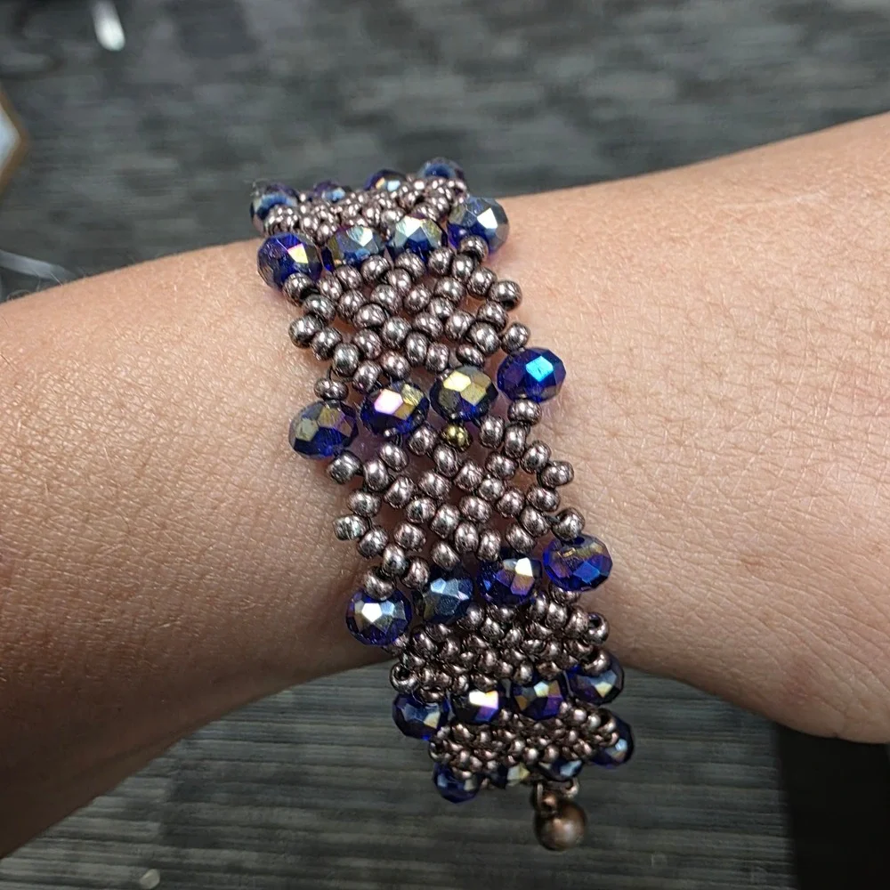 Handmade Beaded Cuff Bracelet Blue Iridescent Crystal Bronze Seed Bead Magnetic